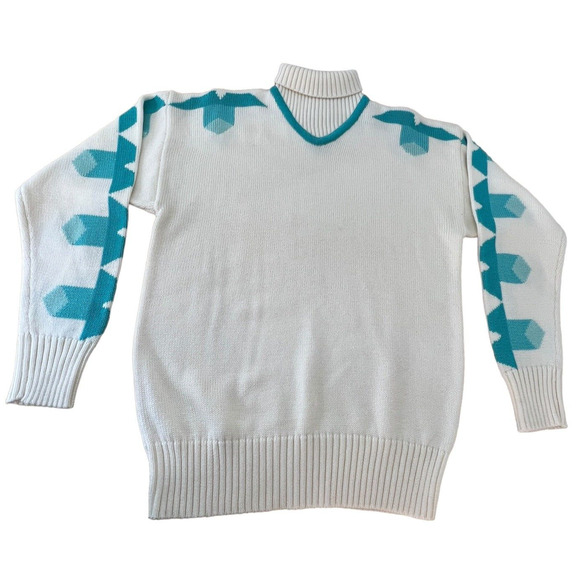 Vintage Meister Wool Blend White Turtleneck Sweater Aqua Geometric Pattern Lg - Picture 2 of 11